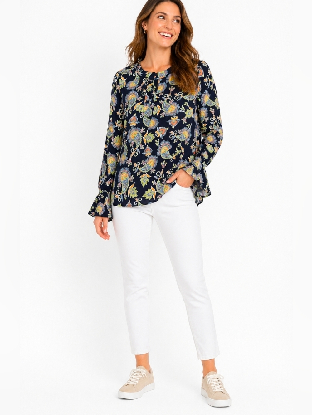 Ann Taylor LOFT Navy Floral Paisley Bell Sleeves Boho Peasant Blouse, M Flowy